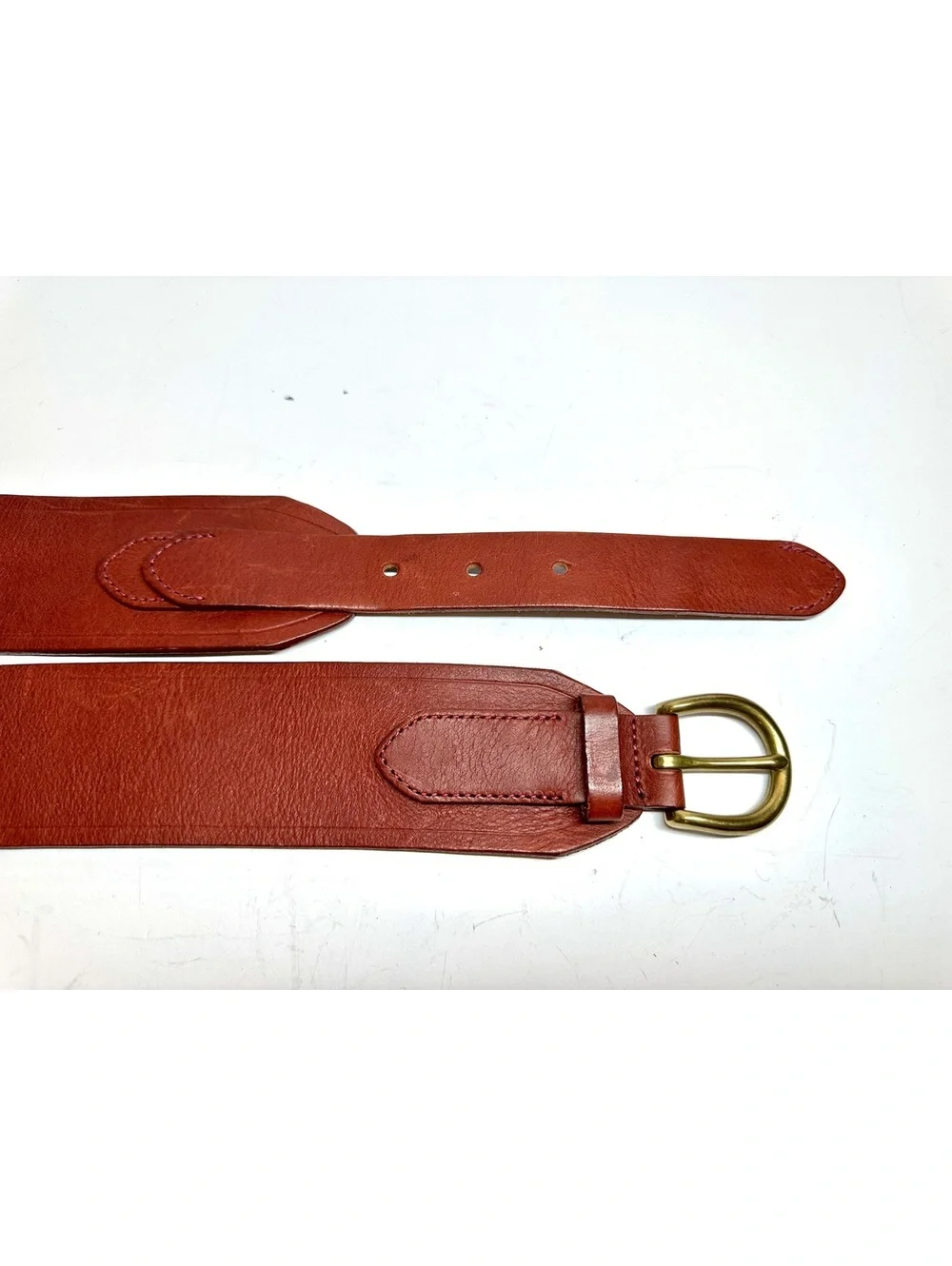 Vintage J. Crew Red-Brown Genuine Leather Waist Belt Solid Brass Buckle Size L - Picture 3 of 6